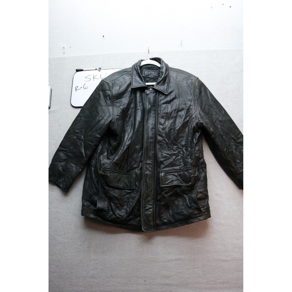 Unbranded Leather Jacket Mens L Black Car Coat Quilted Lining Vintage Style R-6